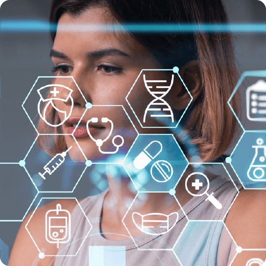 A woman with an overlay of medical icons around her