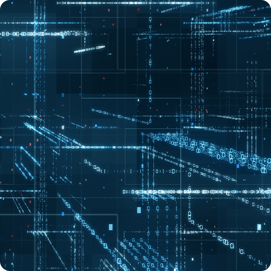 An abstract design with a blue background filled with various lines and dots