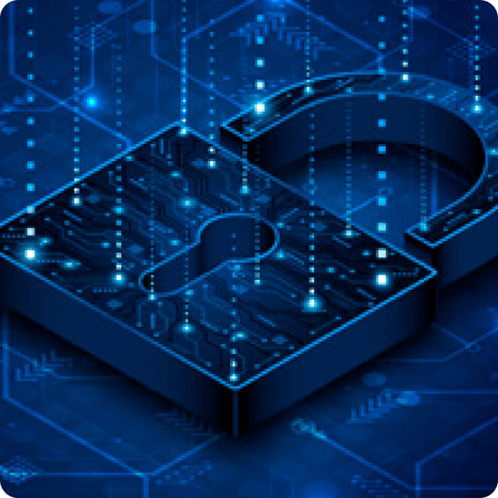 An illustration of an open padlock, with a circuit board design