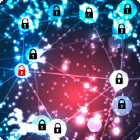 A network of interconnected locks and dots displayed on a dark background, symbolizing security and connectivity.