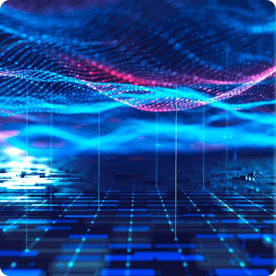 A blue background featuring a flowing digital wave design