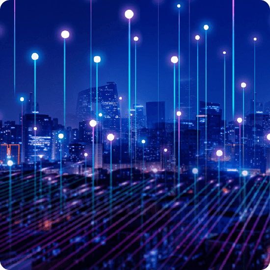 Nighttime cityscape filled with bright lights and sparkling dots