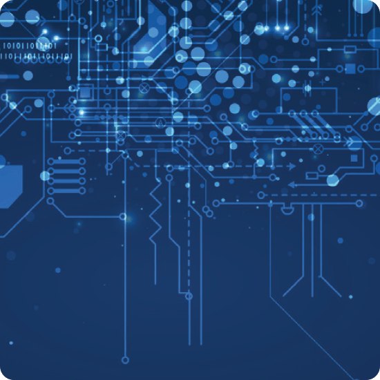 Blue background featuring a detailed circuit board design