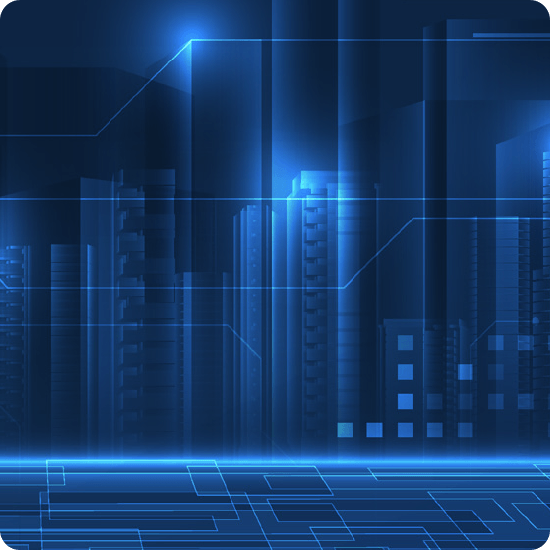 Columns of digital building on a blue background