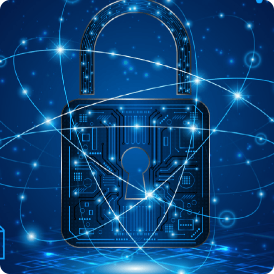 A padlock with a circuit board design set against a blue background