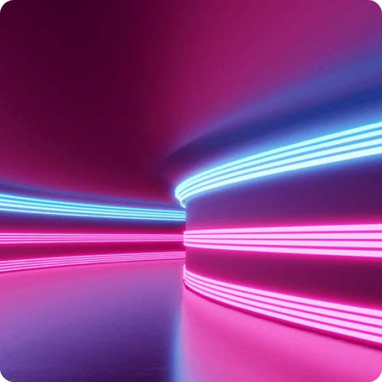 A vibrant neon light tunnel featuring pink and blue glowing lines 