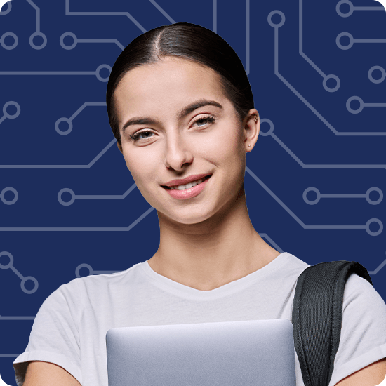 Student with a blue background