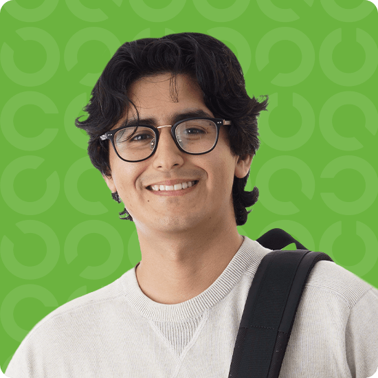 Student with a green background
