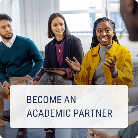 Become an Academic Partner - People gathered in a room having a conversation