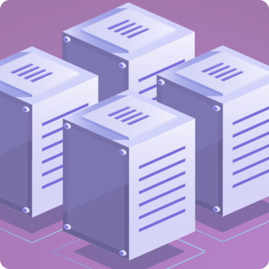 Five servers arranged on a vibrant purple background, showcasing a modern technology theme.