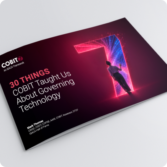 A person facing a large neon number 7. "30 THINGS COBIT Taught Us About Governing Technology" by Mark Thomas