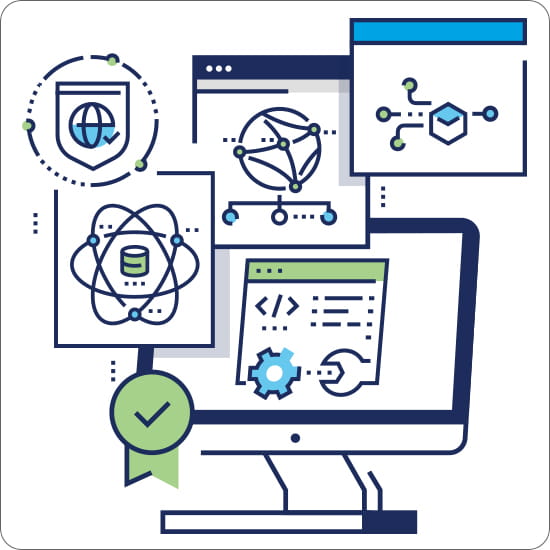 A desktop monitor with several symbols floating around it