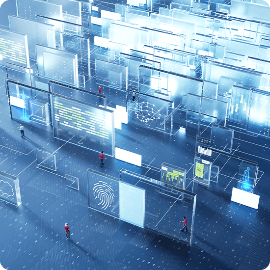 People stroll around a futuristic building in a digital display, showcasing advanced architecture and a lively atmosphere.