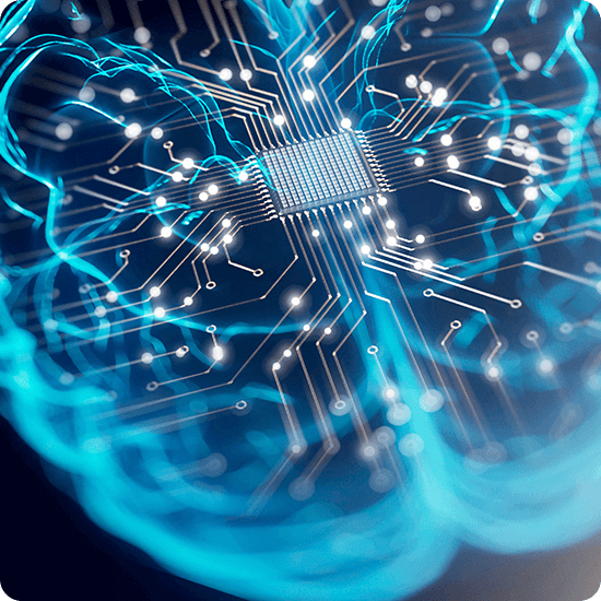 A brain featuring circuit lines and glowing blue lights