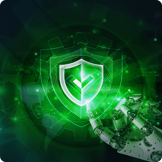 A bright green cyber shield with a blue background