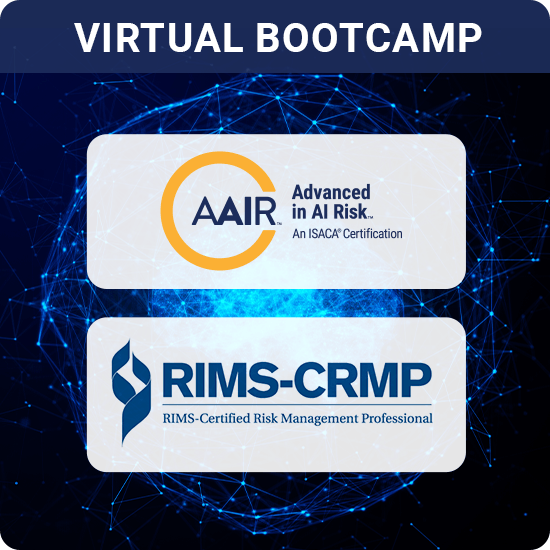 ISACA Advanced in AI Risk™ (AAIR™) and RIMS-CRMP logos on a blue background