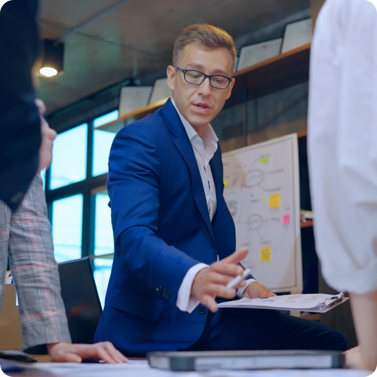 A person in a suit having a conversation