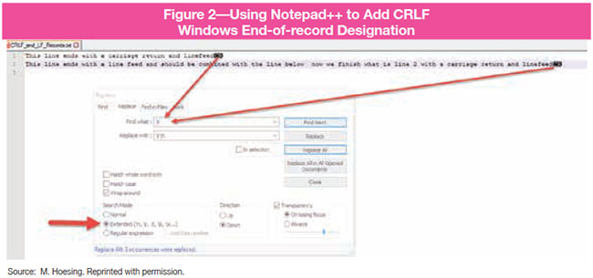 Figure 2 Using Notepad++ to Add CRLF Windows End-of-record Designation