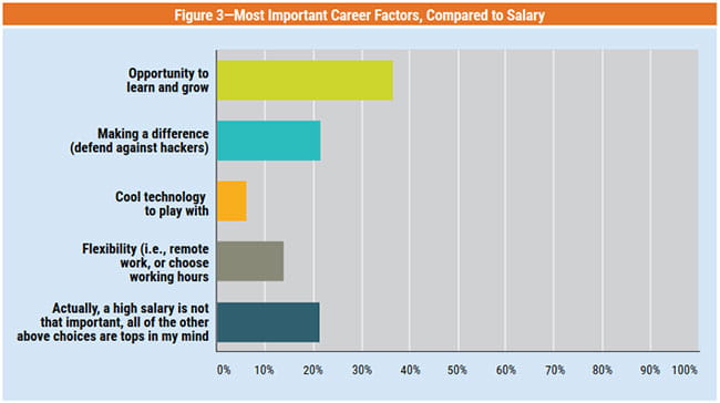 Most Important Career Factors, Compared to Salary, organized by Opportunity to learn and grow, Making a difference (defending against Hackers), Cool technology to play with, Flexibility (remote work vs. hybrid vs. in-office), Actually, a high salary is not that important, all of the other above choices are tops in my mind